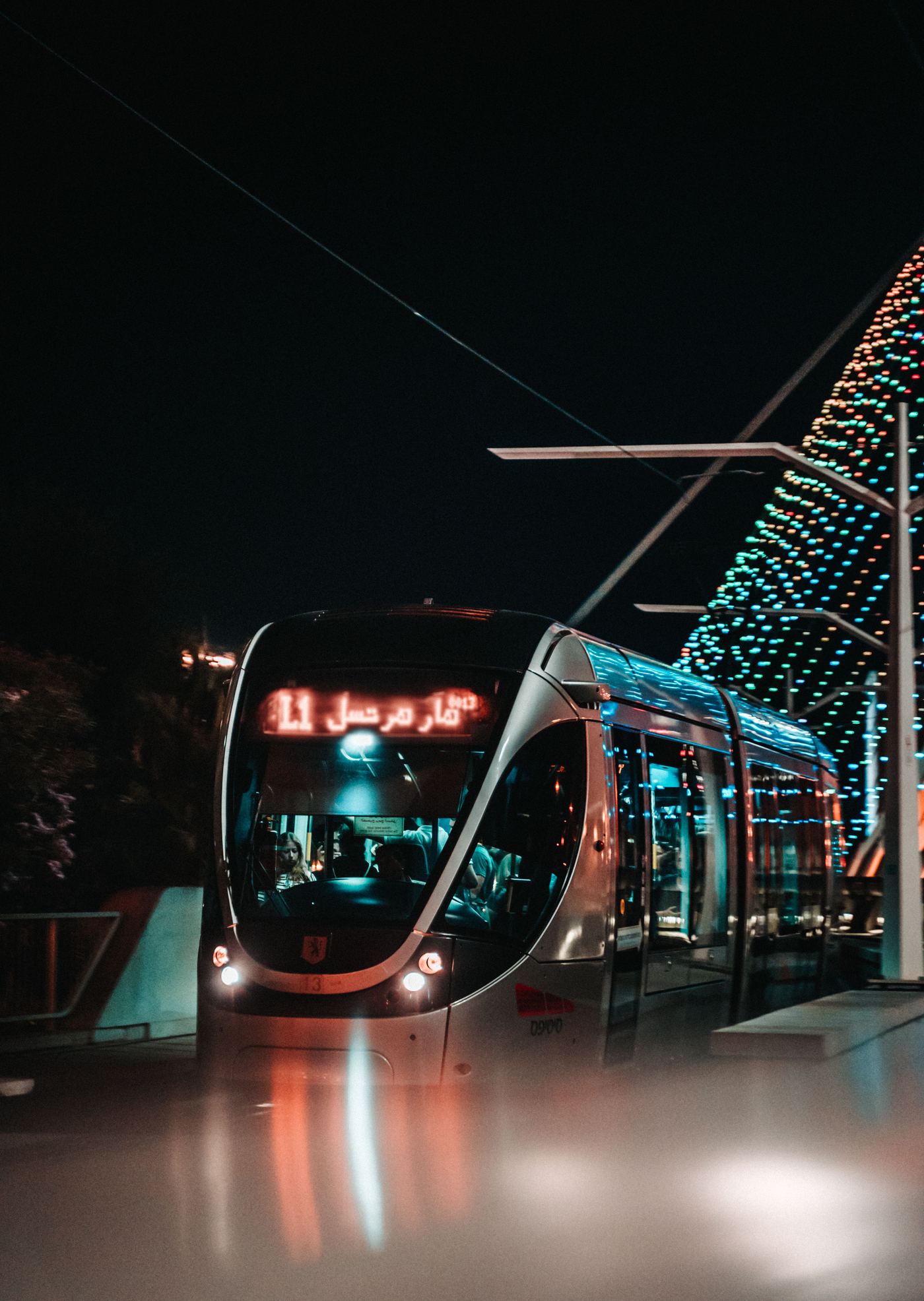 Jerusalem light rail at night